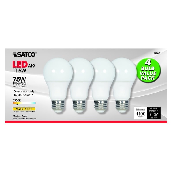 Satco Satco Type-A A19 E26 (Medium) LED Bulb Warm White 75 Watt Equivalence 4 pk S28769 - main